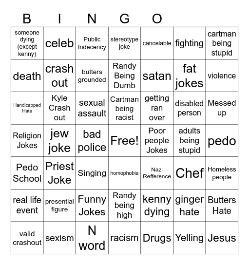 South Park Ultimate Bingo Card