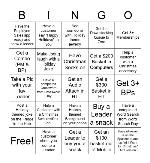 Best Buy Christmas Bingo Card