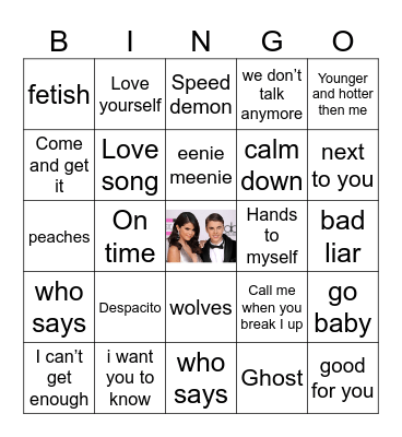 Selena Gomez Vs. Justin Bieber Bingo Card