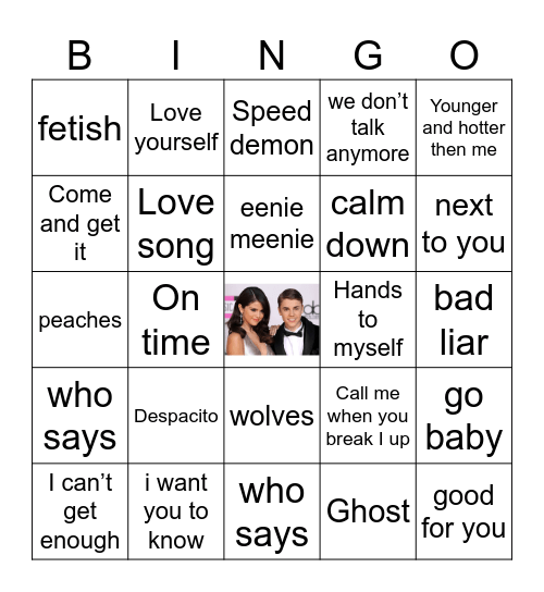Selena Gomez Vs. Justin Bieber Bingo Card