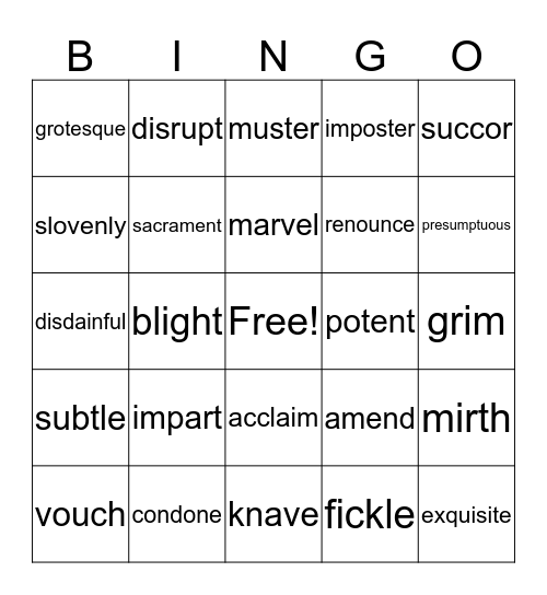 Vocab Review Bingo Card