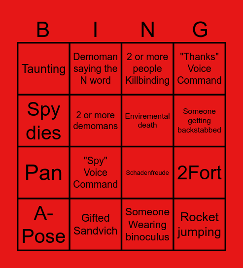 Tf2 funny Moments Bingo Card