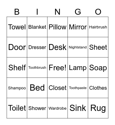 Bedroom and Bathroom Vocabulary Bingo Card