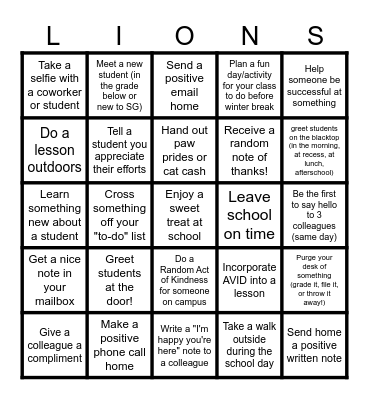 Winter Teacher Appreciation BINGO Card