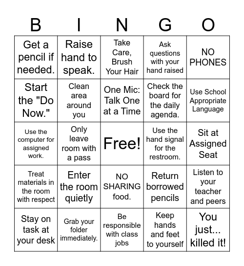 Social Studies Class Expectations Bingo Card