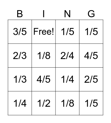 Fraction Decimal Bingo Card