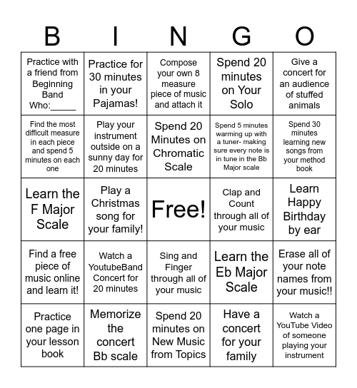 Christmas Break- Band Bingo Card
