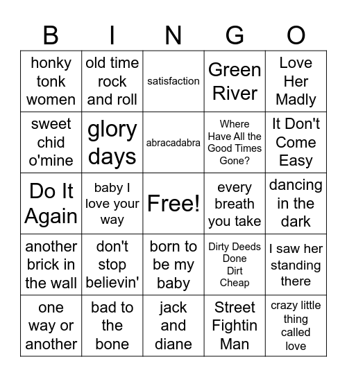 Classic Rock Bingo Card