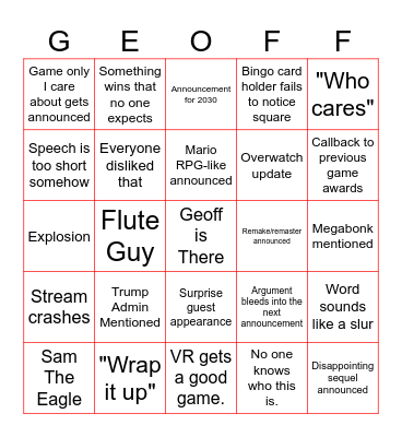 The Game Awards Watch Group GEOFF Bingo Card