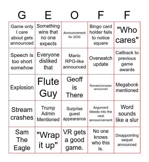 The Game Awards Watch Group GEOFF Bingo Card