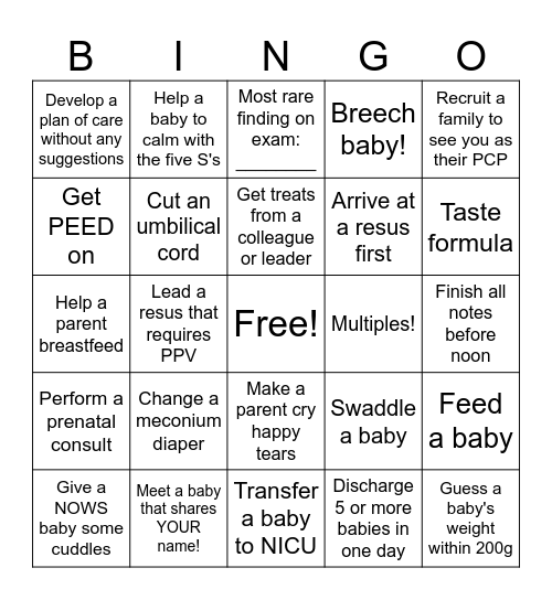 Newborn BINGO! Bingo Card