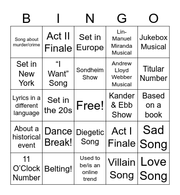 Showtunes Bingo Card