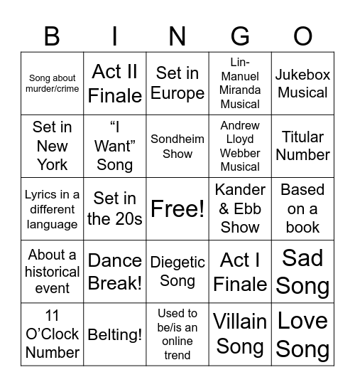 Showtunes Bingo Card