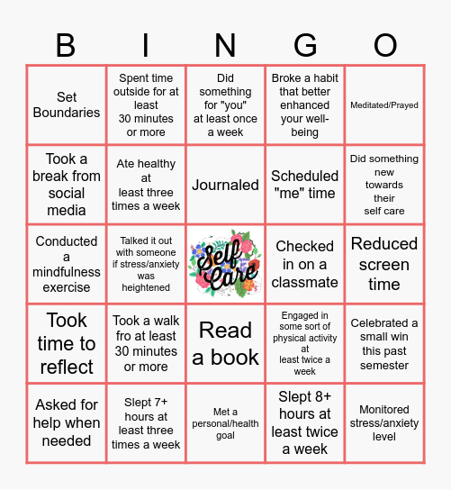 Self-Care Reflection Bingo Card