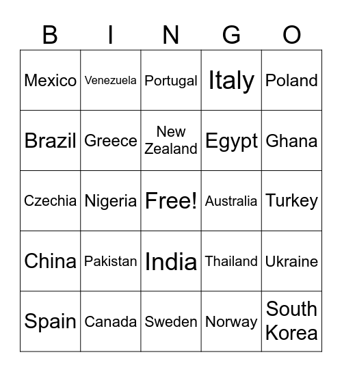 Country Bingo Card
