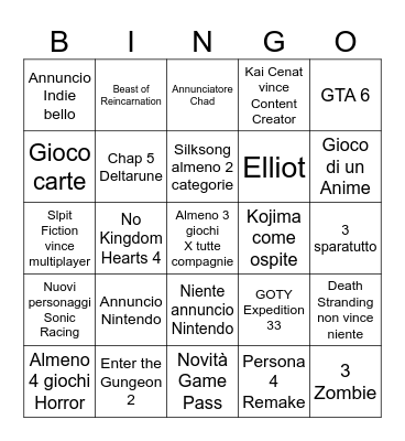 Bingo Game Awards 2025 Bingo Card