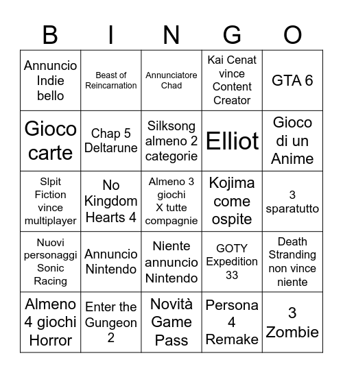 Bingo Game Awards 2025 Bingo Card