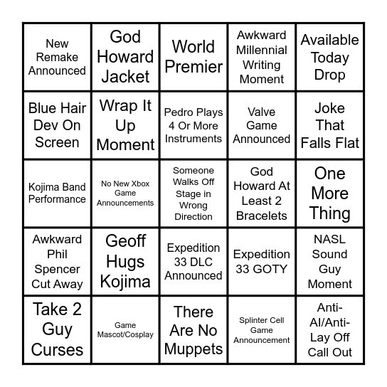 Game Awards Bingo Card