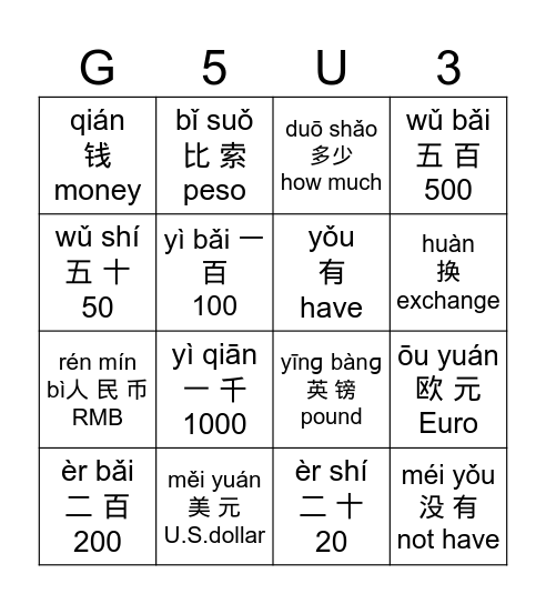 How Much Money Chinese Buddy Bingo Card