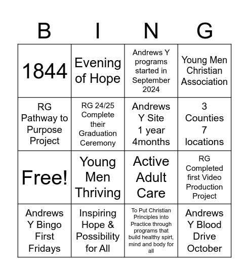 Andrews YMCA Bingo Card