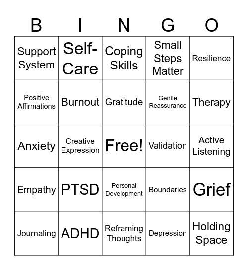 Mental Health Bingo Card