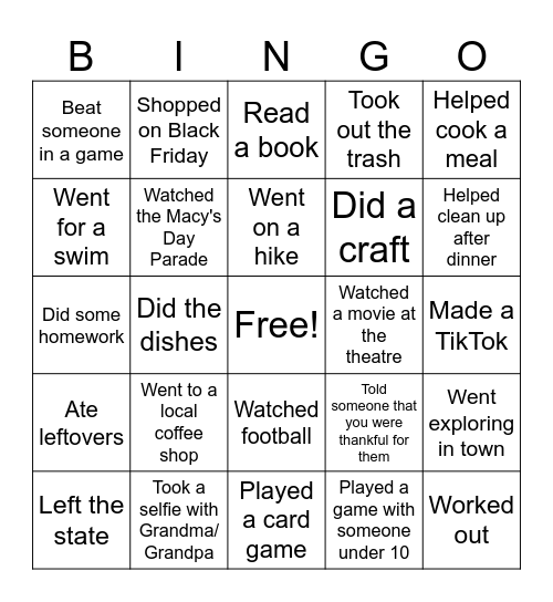 Thanksgiving Break 2025- Find Someone Who Bingo Card
