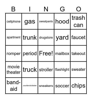 British Vs. American Bingo Card