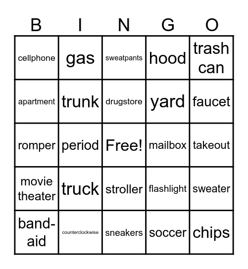 British Vs. American Bingo Card