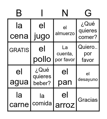 U6: Food & Ordering Bingo Card