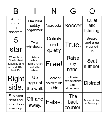 Classroom Expecations Bingo Card
