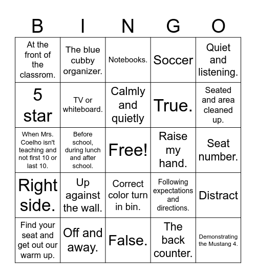 Classroom Expecations Bingo Card