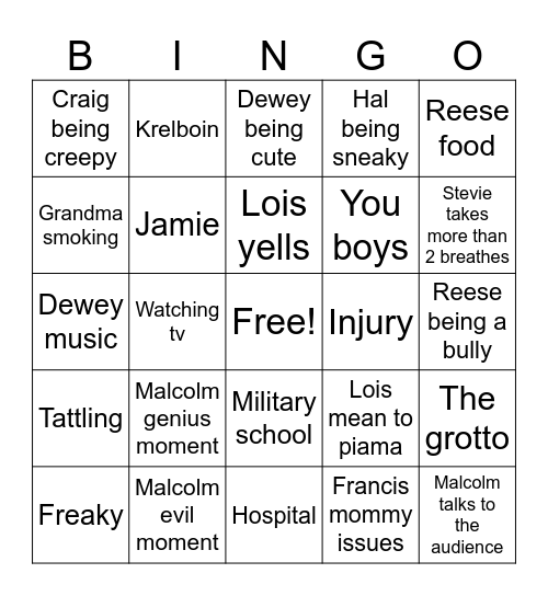 Malcolm Bingo Card
