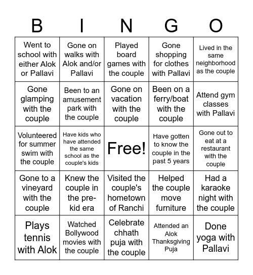 Alok & Pallavi's 30th Anniversary Bingo Card
