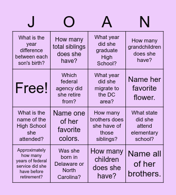 Joan's 75th Birthday Bingo Card