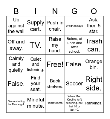 Review Classroom Expectations Bingo Card