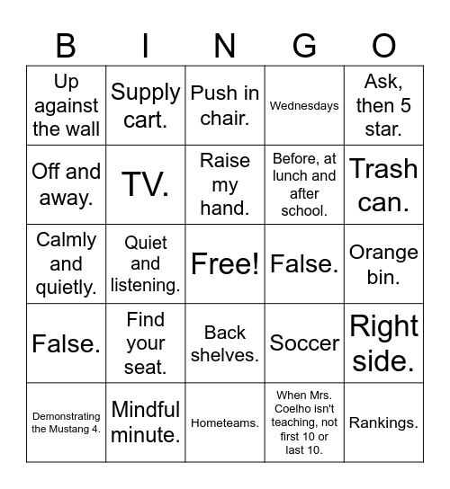 Review Classroom Expectations Bingo Card