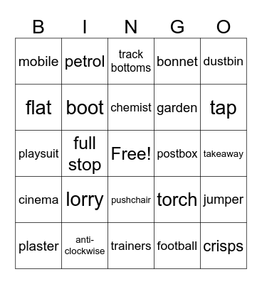 British vs. American English Bingo Card