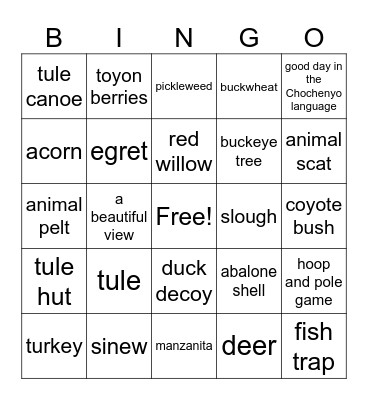 Coyote Hills BINGO Card