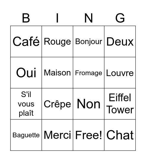 French Bingo Card