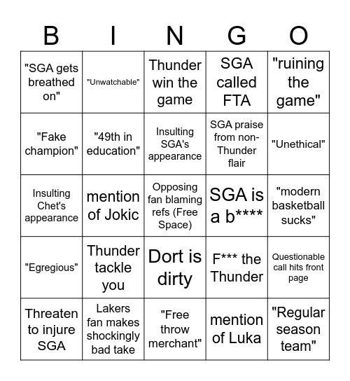r/NBA Thunder Bingo Card