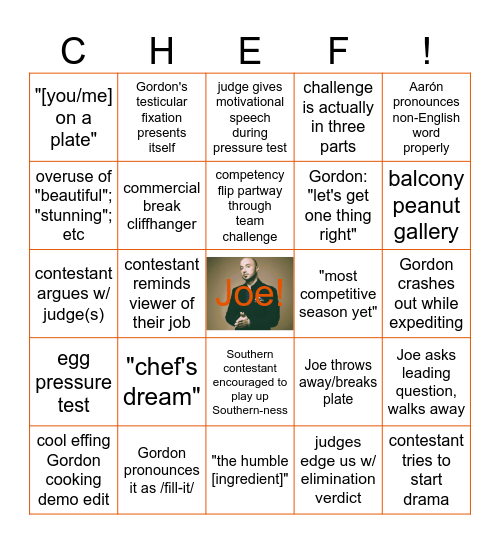 MasterChef episode bingo Card