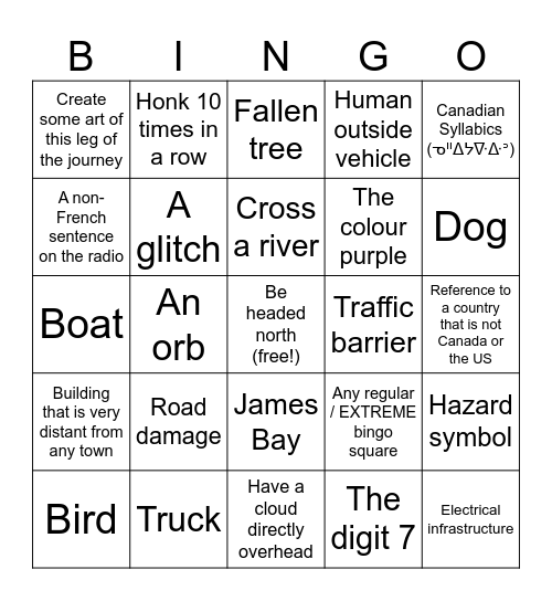 Great North Bingo Card