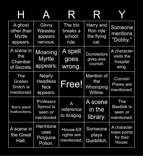 CHAMBER OF SECRETS Bingo Card