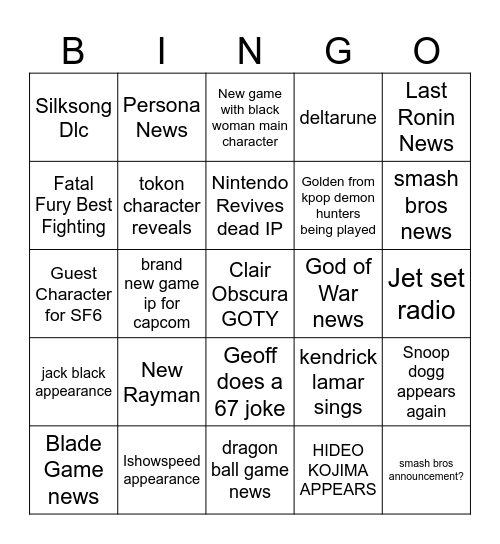 GAME AWARDS BINGO Card