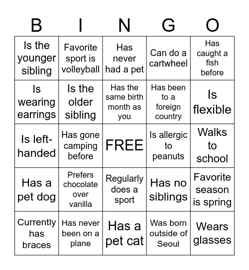 Middle School Human Bingo Card