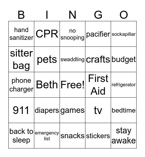 Babysitting Bingo Card