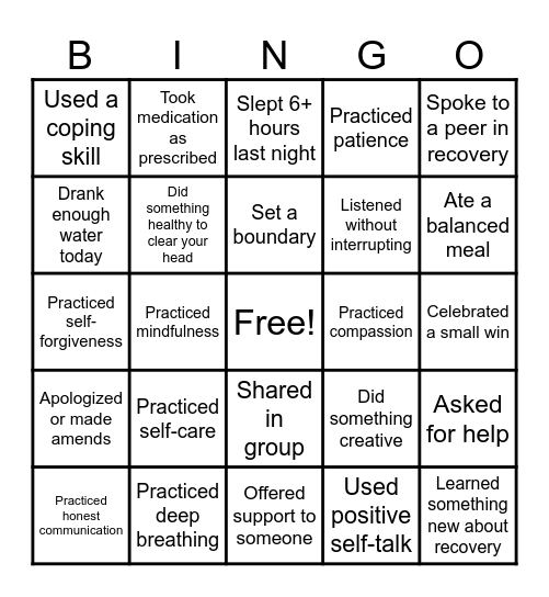 PFH Recovery Bingo Card