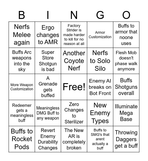 Helldivers 2 Patch Notes Bingo Card