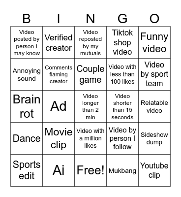 Tiktok bingo Card