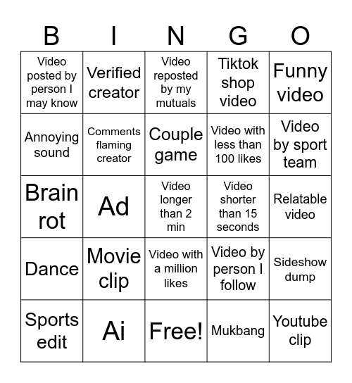 Tiktok bingo Card